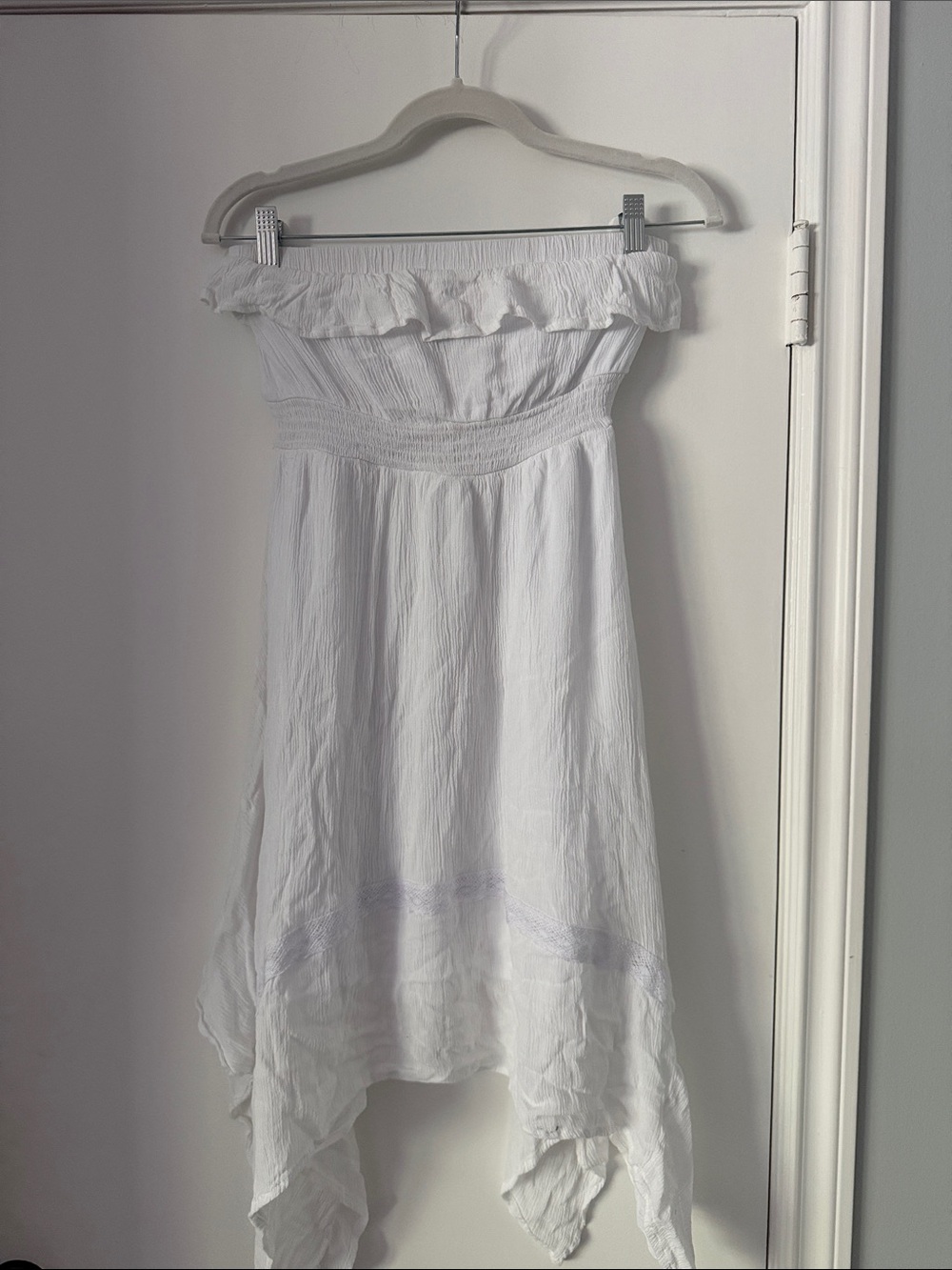 White Strapless Ruffled Handkerchief Hem Dress